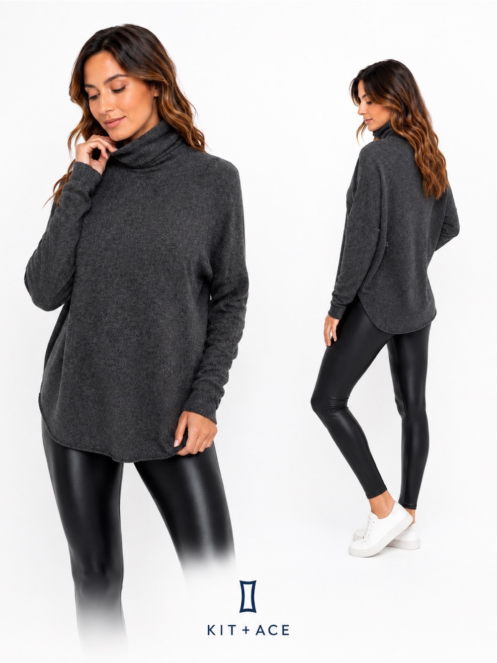 Kit and Ace Cashmere Blend Turtleneck Sweater Gray Long Sleeve Hi-Low Hem.